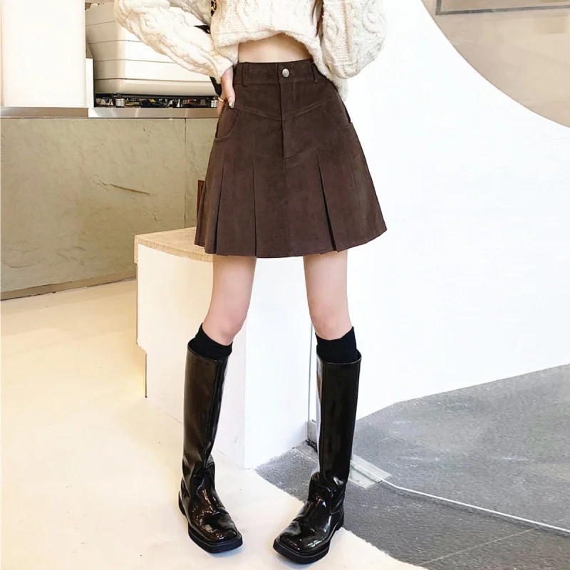 

Brown corduroy skirt for women, new autumn and winter high-waisted design that covers the hipsaA-line skirt for petite figures,