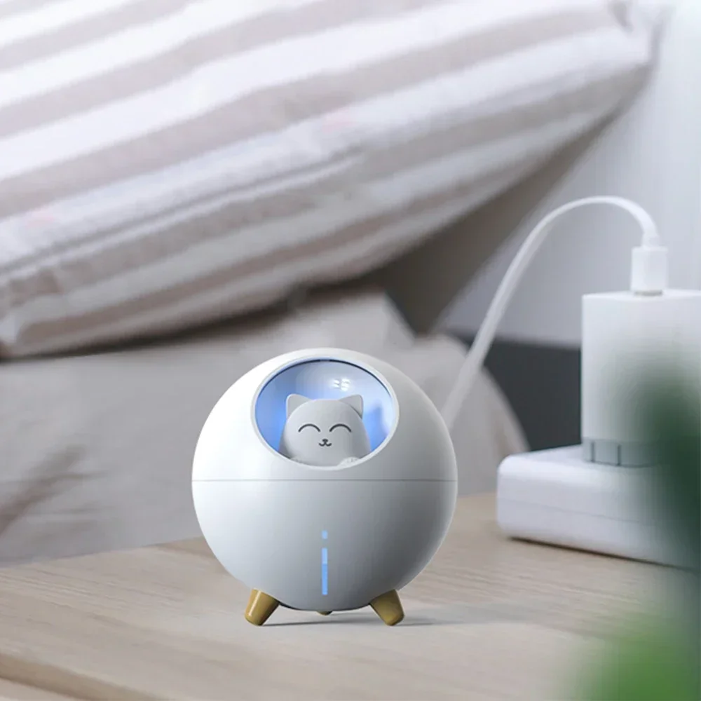 Ultradźwiękowy nawilżacz powietrza Cute Planet Cat z romantycznym kolorowym światłem LED USB Mini Humidificador Diffusor Fogger