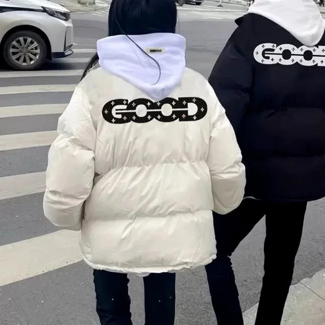 

Autumn Winter Large Size Couples Jaet Silicone Rhinestone Collar Loose Fit Youthful ular Polyester Fiber Hooded Coat