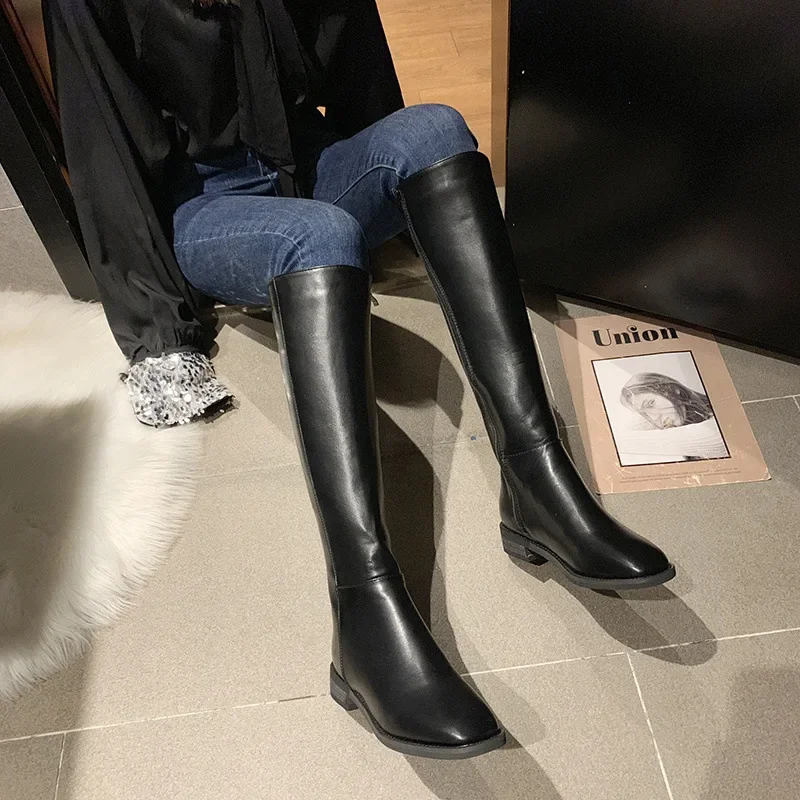 Bottes Hautes en Coton à Talons Bas pour Femme, Chaussures Élégantes en Cuir Souple, à la Mode, 2024