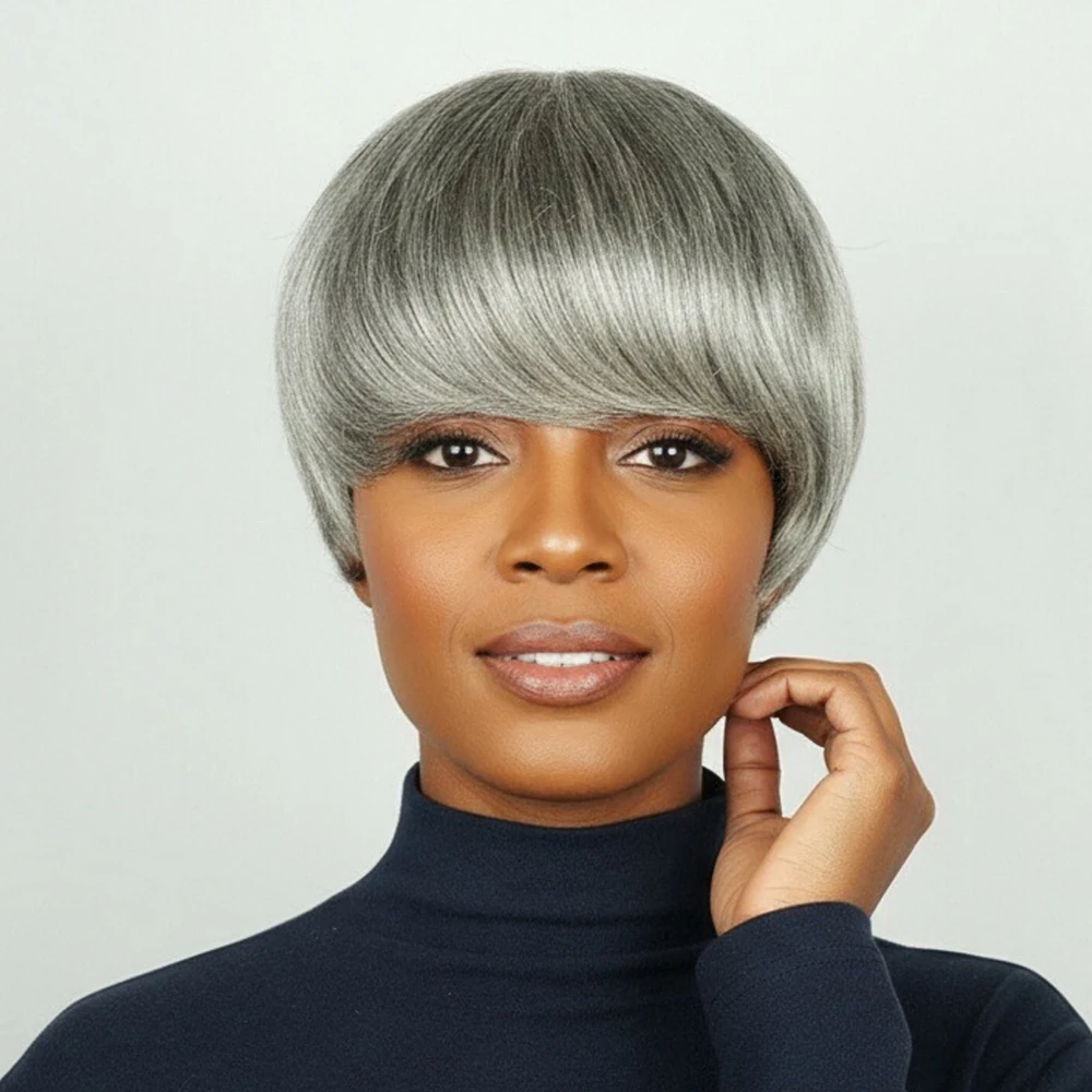 باروكات شعر طبيعي مفرود قصير للنساء شعر برازيلي بقص عابث لون رمادي باروكات من شعر طبيعي مع غرة مصنوعة آليًا تم قطعه مسبقًا