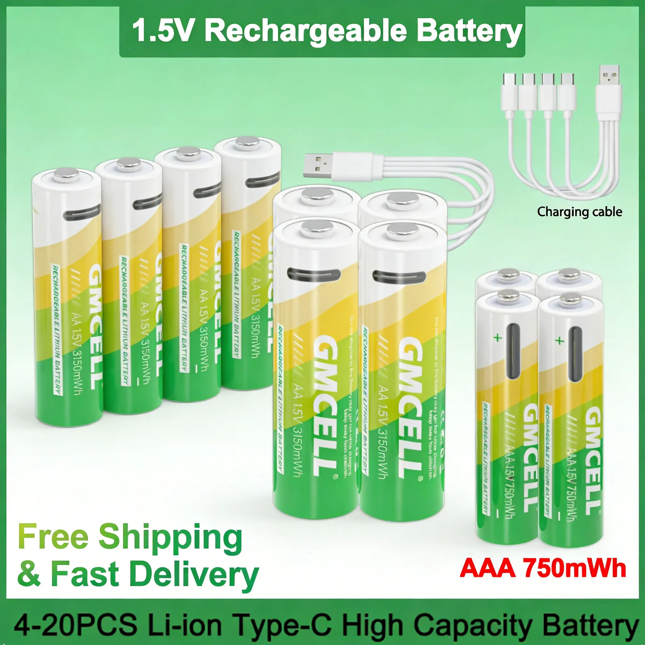 

1.5V AA 3150mWh USB Rechargeable Lithium Battery 4-20PCS AA AAA Set For Remote Control Camera Mouse