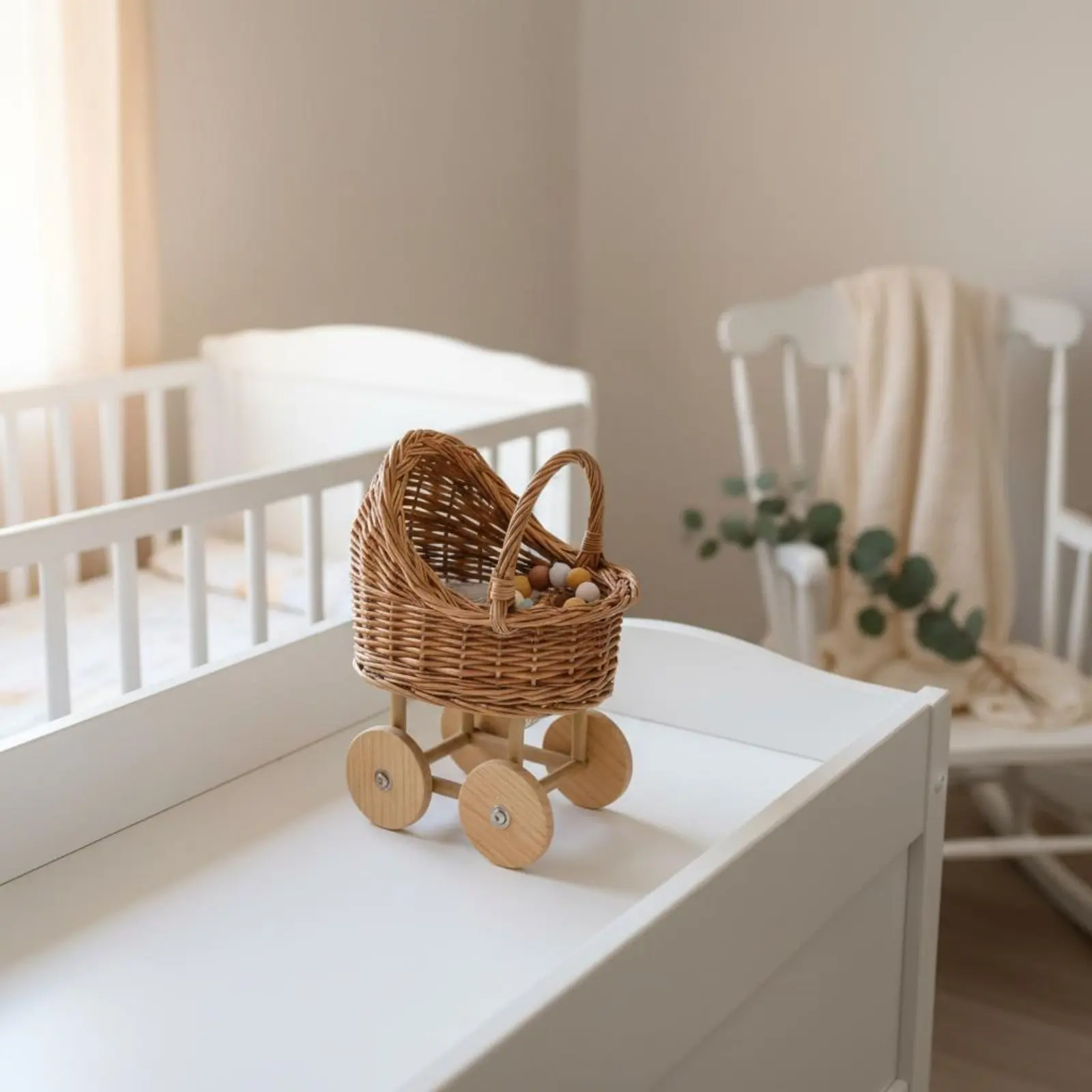 

Wicker Baby Carriage Basket With Wheels Baby Baby Carriage Flower Pot Woven Pram Gift Basket Rustic Design for Florists