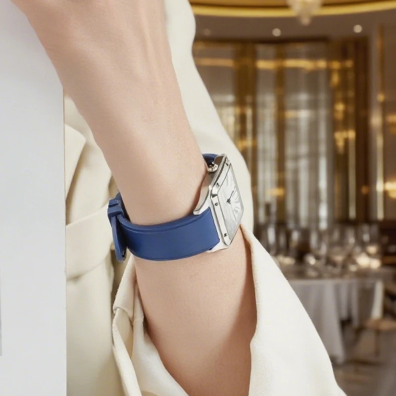 الرجال الإفراج السريع المطاط Fkm حزام ل كارتييه دومونت سانتوس 15.5 مللي متر 17.5 مللي متر النساء سوار فلوروروبر حزام (استيك) ساعة للطي المشبك