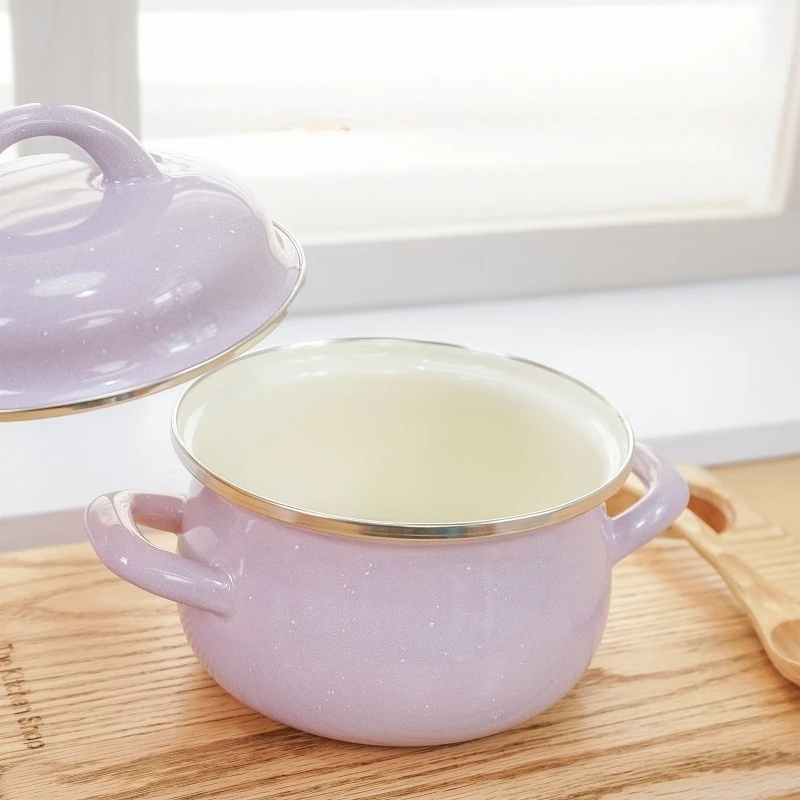 Enamel Pots Macarons Color Small Soup Pot Enamel Thick Enamel Double Ear Pot Complementary Food Dessert Pot Kitchen Cookware