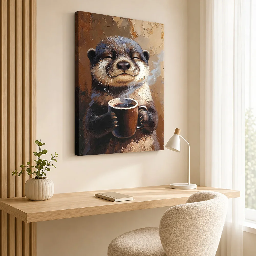 Otter Enjoying Coffee Framed Canvas Poster Customized Photo Detailed Painterly Composition Wall Art For Kitchen Breakfast Bar
