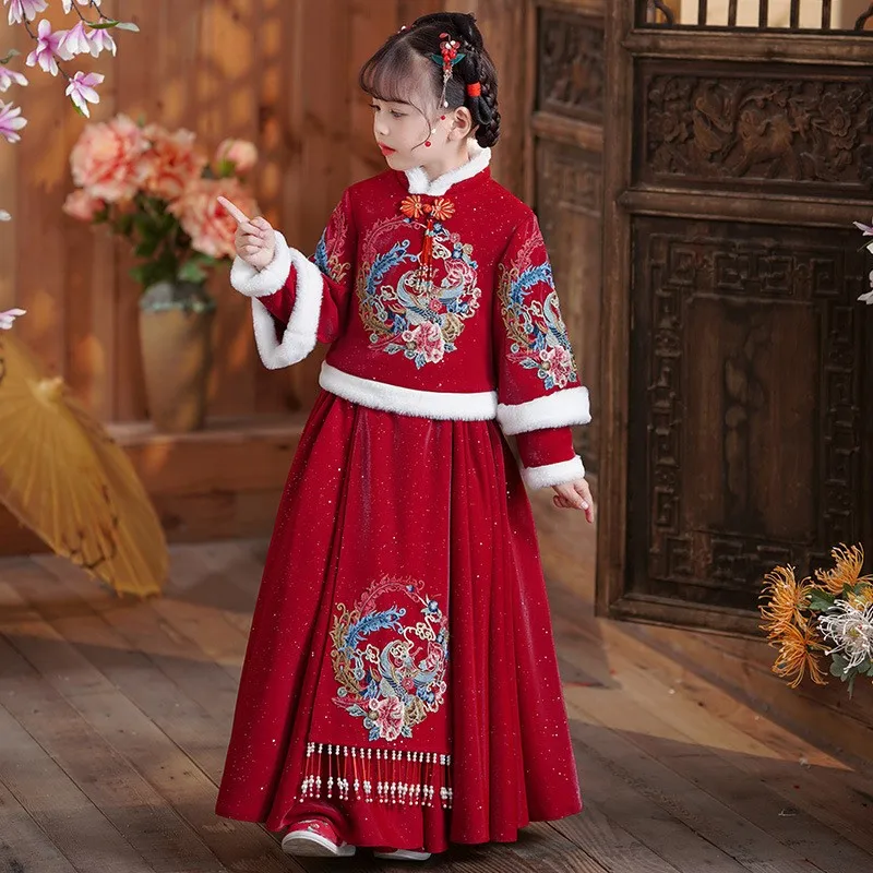 Children's 2023 Autumn Winter New Hanfu Girl Ancient Costume Warm Chinese New Year Clothing Baby Kids Tang Suit Stage Dress