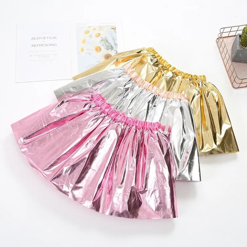 Fashion Baby Girl Shiny PU Leather Pleated Skirt Toddler Child Leather Skirt Black Silver Golden Pink Party Baby Clothes 3-7Y