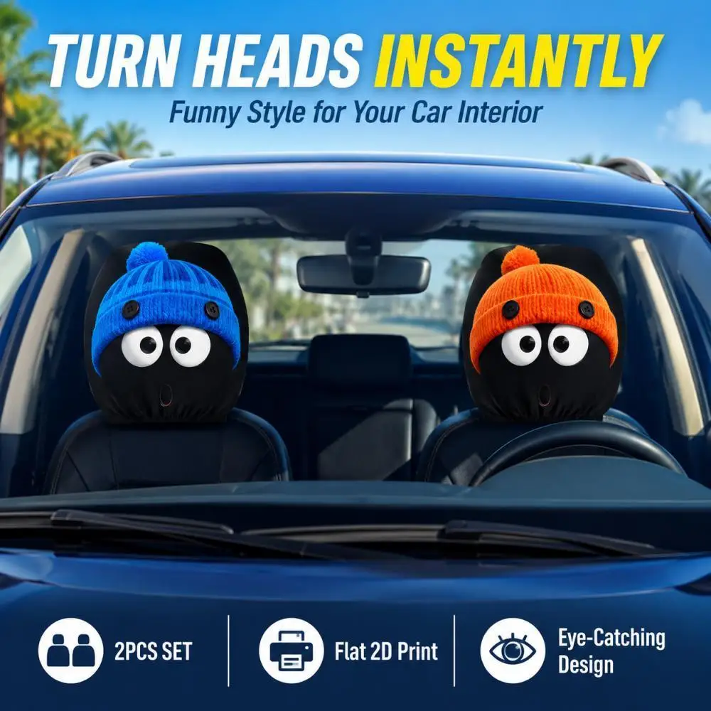 2 Pieces Funny Cartoon Car Headrest Covers Cute Big-Eye Knitted Hats Printed Universal Car Interior Decor Accessories