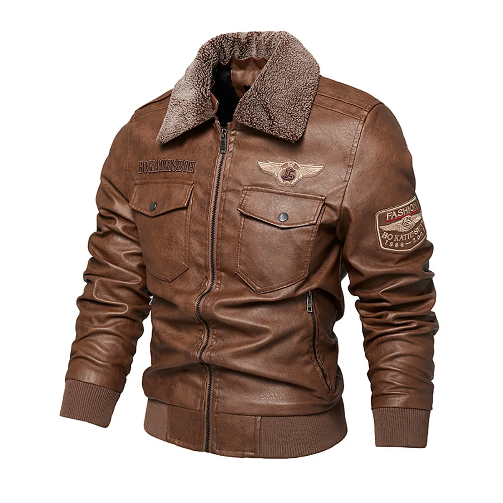 

Men Fleece Warm Business Jackets 6XL Male Fashion Retro Fur Collar Motorcycle Leather Coat Autumn Winter Men's PU Leather Jacket