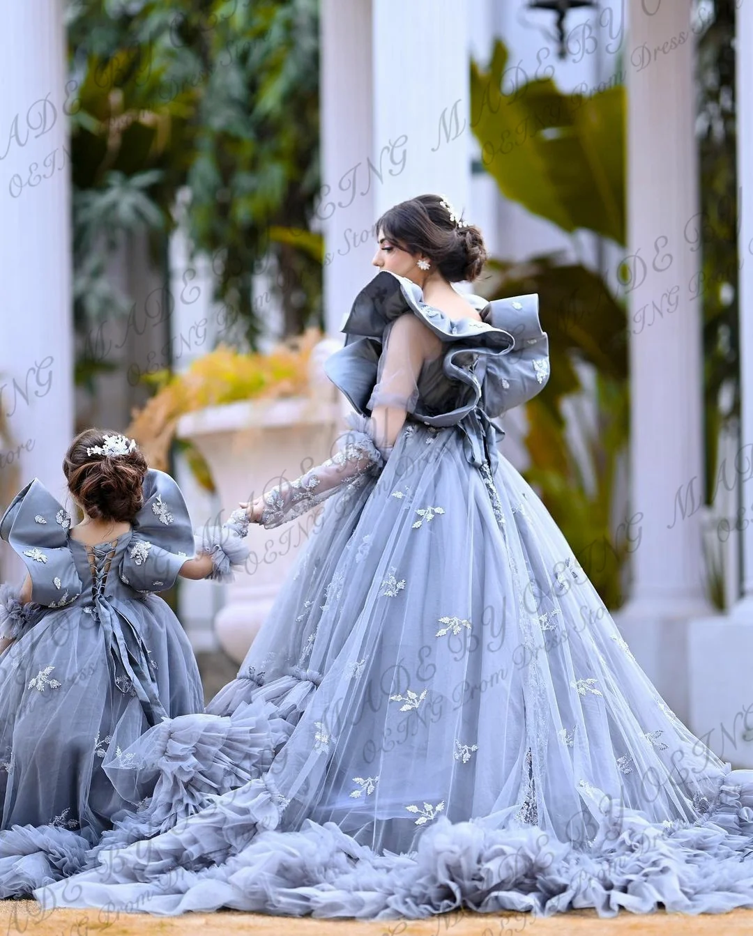 Gaun Prom anak dan ibu Tulle abu-abu, gaun pesta fotografi Formal putri ruffle cantik ibu dan anak perempuan