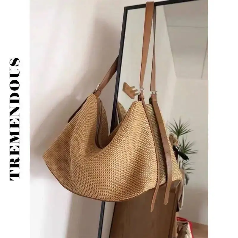 Bloom Vintage Brown Straw For Women 2025 New Vacation Zipper Woven Crossbody Bag Ladies Retro Large Capacity Handbag Y2k