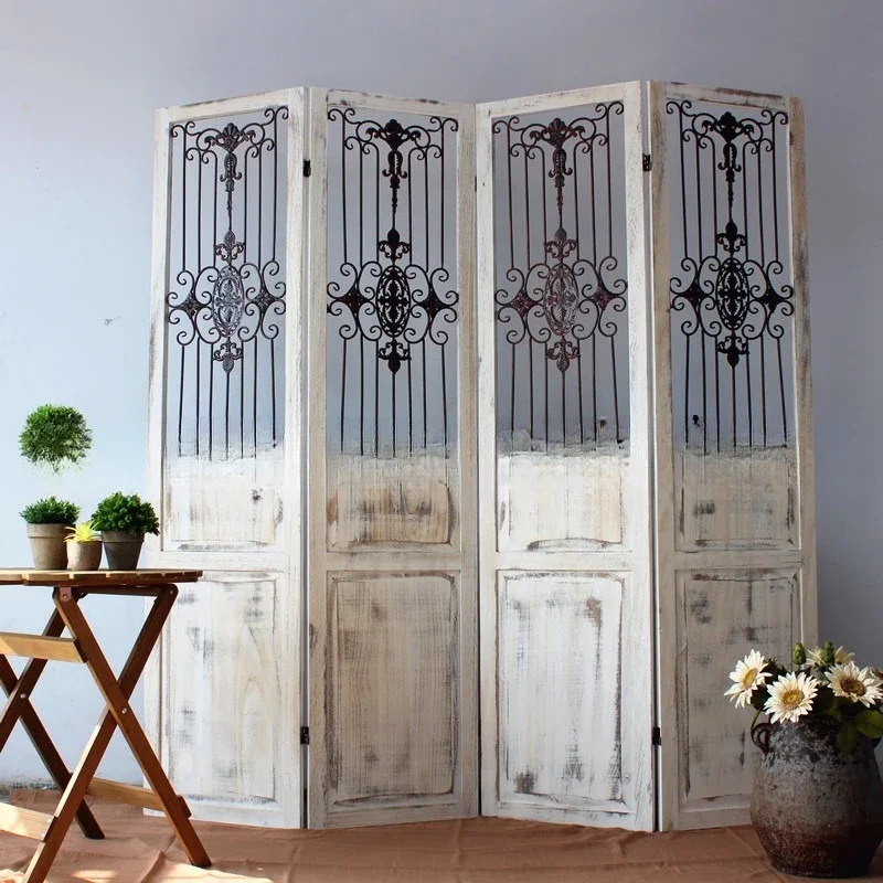 

American screen Vintage wrought iron scHotel entrance screen Wooden partition living room decorative