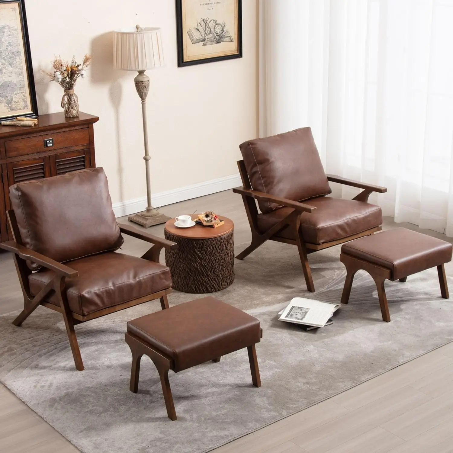 

Mid Century Upholstered Accent Armchair Set,Wood Frame & Canvas Cushion,Living Room/Bedroom,Beige,Customized