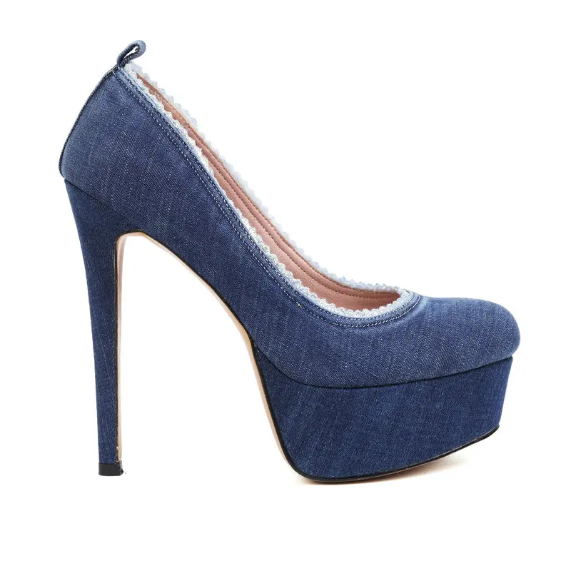 New Denim Jeans Fabric Super Thin High Heels Closed Toe Blue Platform Sexy Lady Office Pumps Size 33-43 Womens Stiletto Shoes