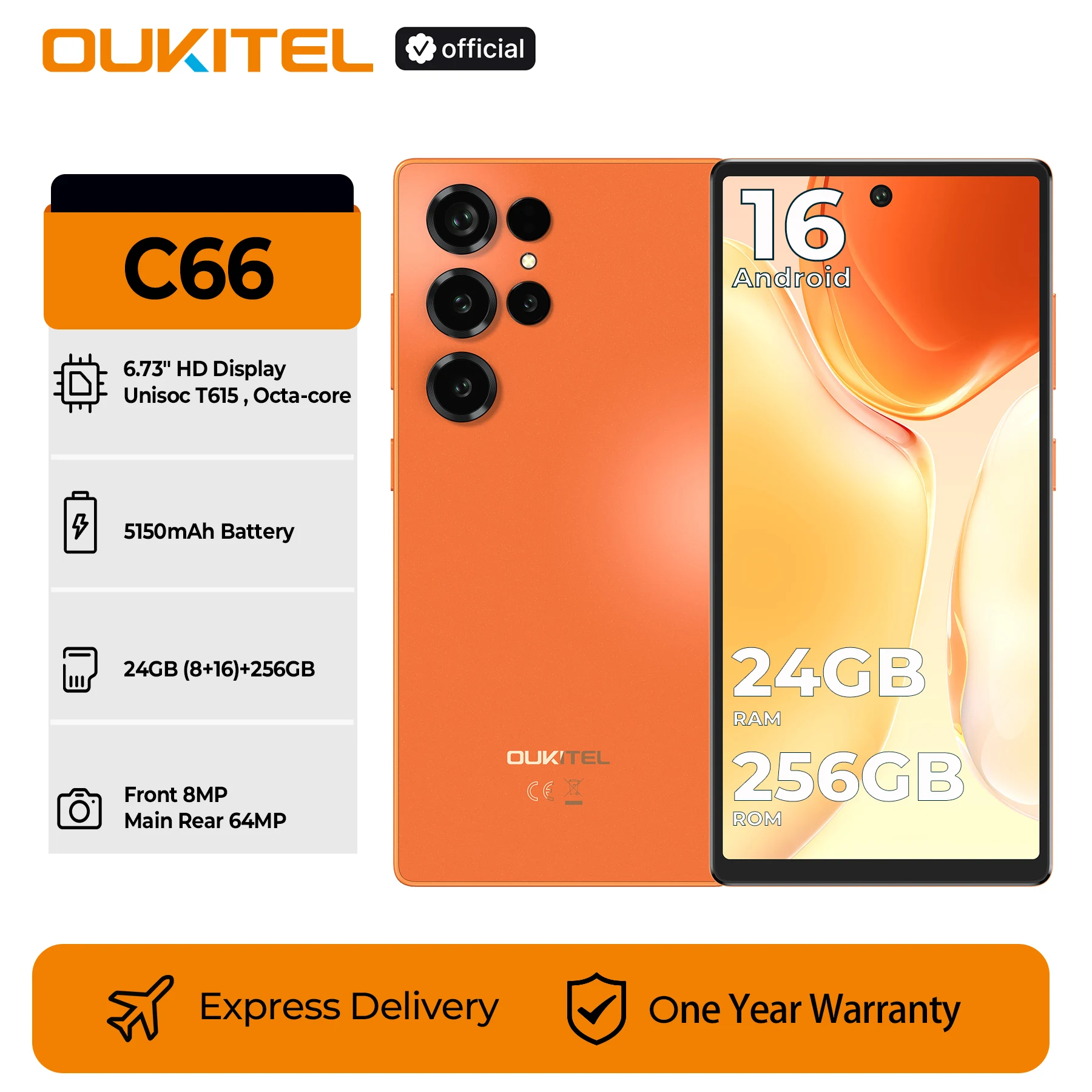 OUKITEL C66 Smartphone Android 16 Phone, 6.73” HD+ 24GB(8+16)+256GB, 5150mAh Dual 4G NFC Cellphone, 120Hz, 64MP Main Camera