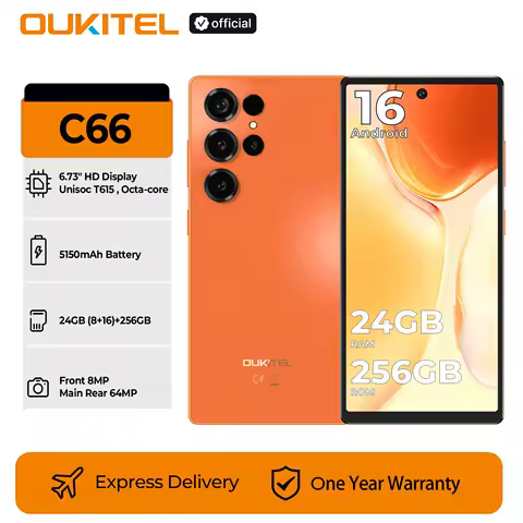 OUKITEL C66 Smartphone Android 16 Phone, 6.73” HD+ 24GB(8+16)+256GB, 5150mAh Dual 4G NFC Cellphone, 120Hz, 64MP Main Camera