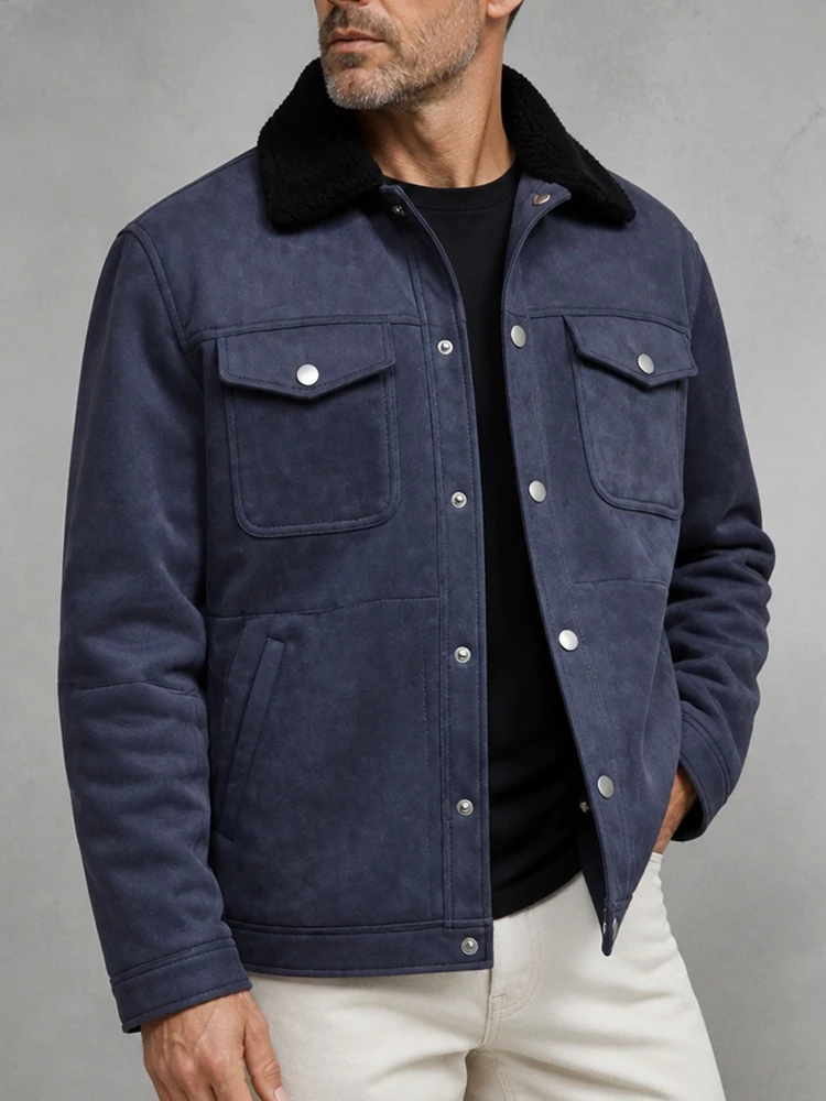 Men's High Quality Blue Faux Suede Shearling Collar Jacket Multi Pocket Button Slim Fit Casual Coat for Autumn Winter Daily Wear