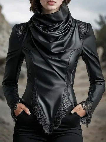 Faux Leather PU T shirt for Women Turtleneck Lace Trim Ruched Asymmetric Hem High Street Gothic Punk Tops Long Sleeve Tee Top
