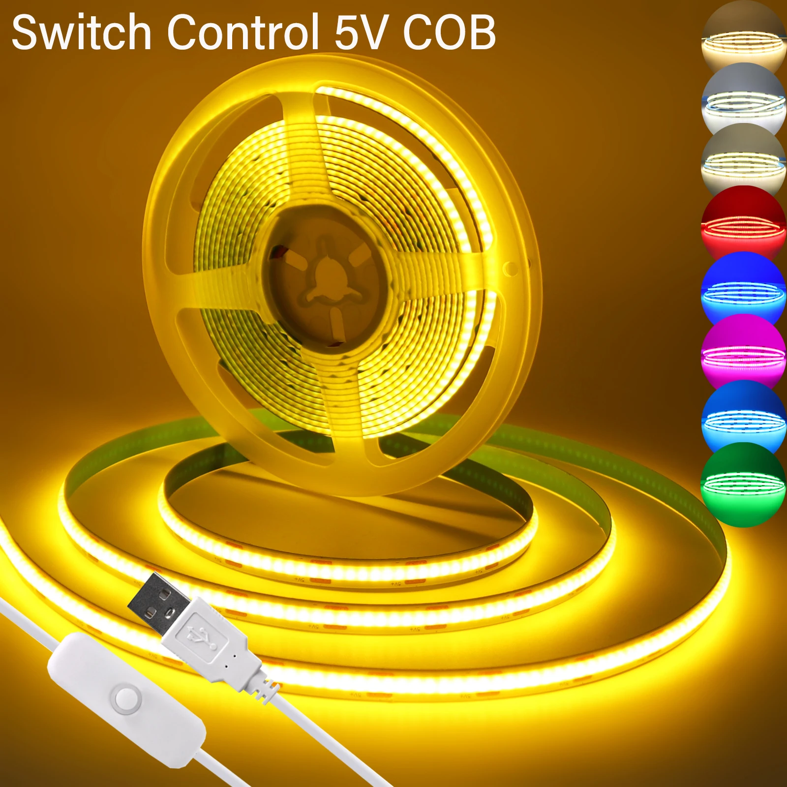 5V COB LED Strip Lights Switch Control USB Flexible Diode Tape Ribbon White Red Blue Green Pink For Kitchen Mirror TV Backlight