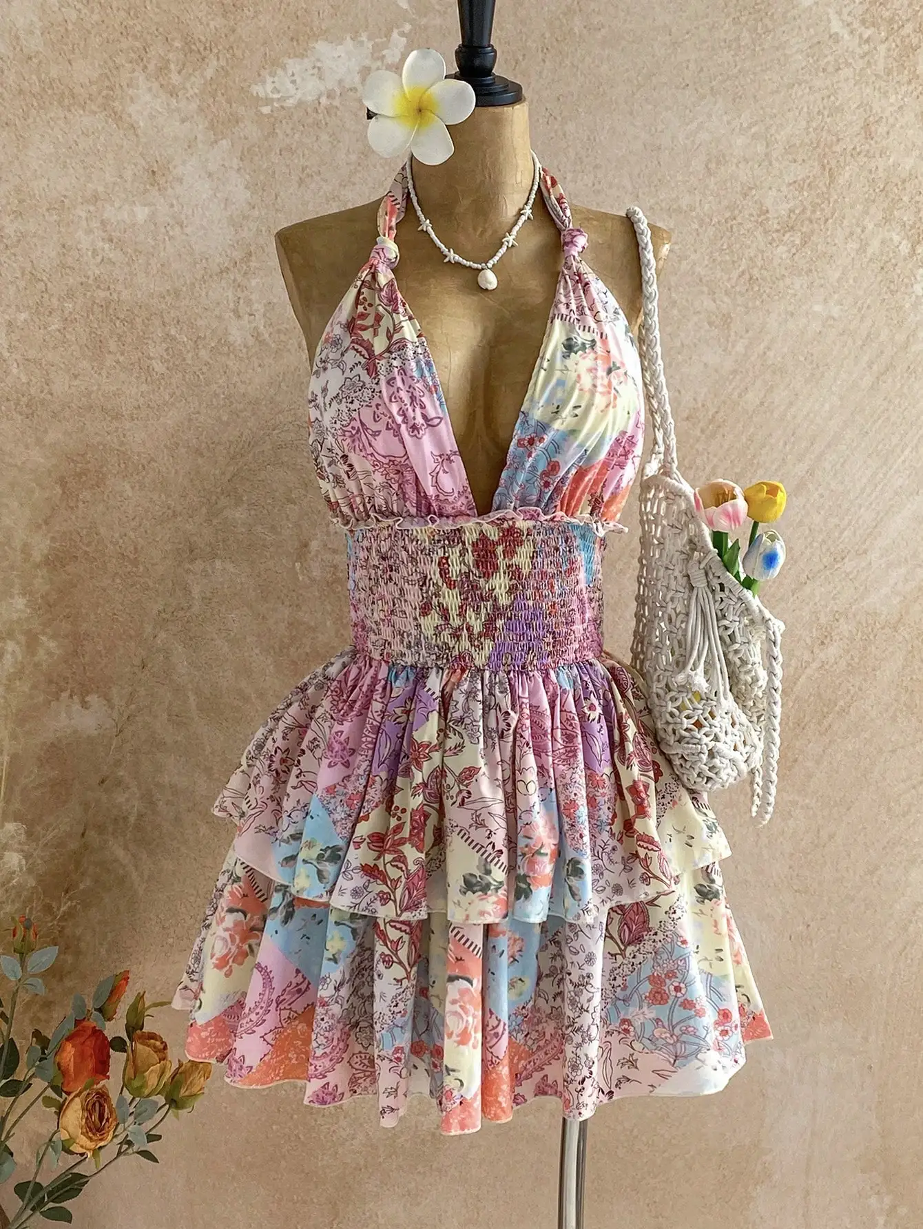 

Multicolored Patchwork Floral Halter Smocked Waist Ruffle Hem A-Line Mini Dress Summer Boho Vacation Dress