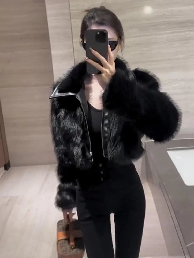 High Waist Zipper Long Sleeve  Fur Trimmed Denim Skinny Jeans Jacket Women's Fashion Autumn Winter Thickened Korean Style