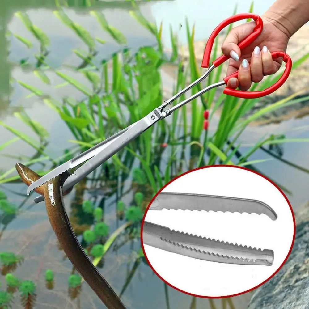 

Red Handle Multi-function Stainless Steel Tongs Anti-Skid Serrated Jaw Outdoor Fishing Catch Tool Plastics Heavy Duty