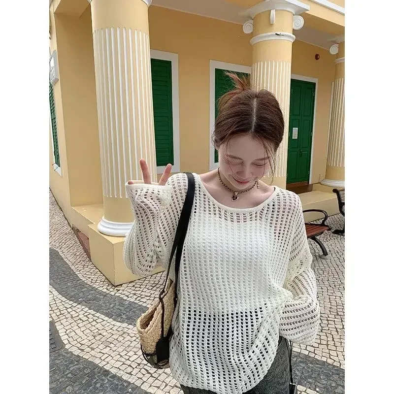 

Pop Breathable Hollow Out Lazy Style Japanese Version Summer Female Loose Casual Personality Harajuku Solid Pullovers Women Swe