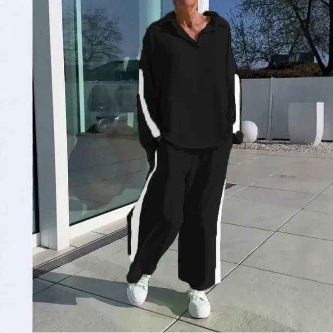 Women's  Autumn Fashion New Sports Outfits Casual Loose Striped Print Tops And Jogger Pants Two Pieces Sets Women