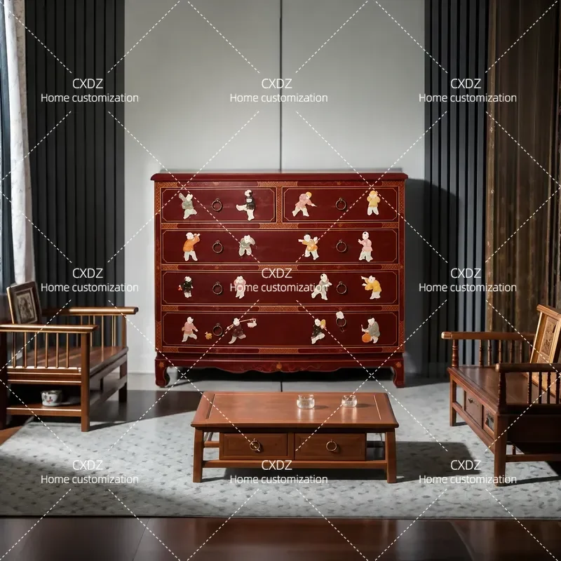 New Chinese Style Lacquer Art Entrance Cabinet with Jade Inlay Baizitu Pattern Classical Decorative Storage Console for