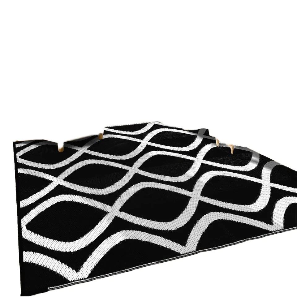 Outdoor/Indoor Polypropylene Rug Waterproof Medium Pile 10-15mm Thick Light Weight Non-Slip Small Area Rug Black White Cape
