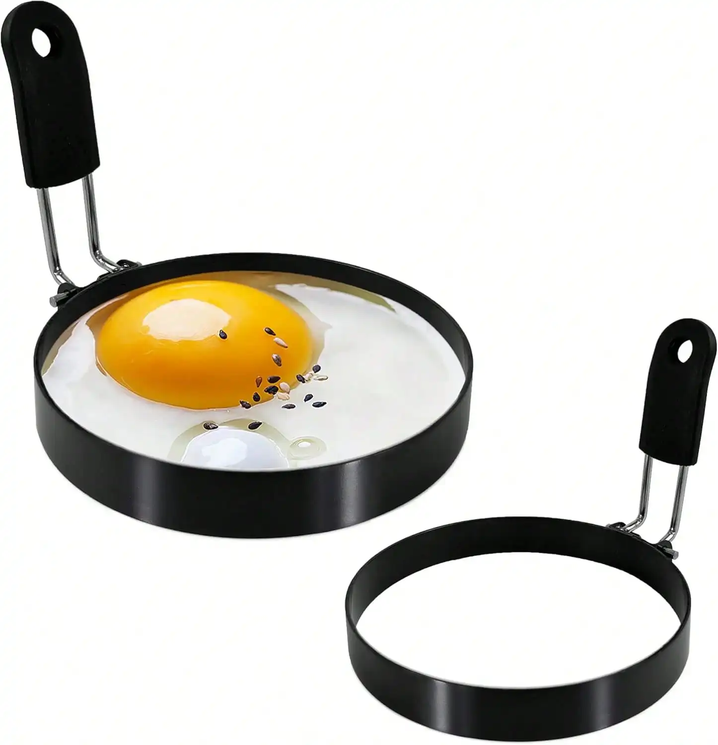 Premium Silicone Handle Egg Ring Set Stainless Steel Egg Rings With Non-Stick Coating, Perfect For Omelettes And Elegant Breakfasts. Easily Create Delicious Egg Cup Sandwiches, Pancakes, And Other Delicacies. Create Perfectly Round Eggs On Your