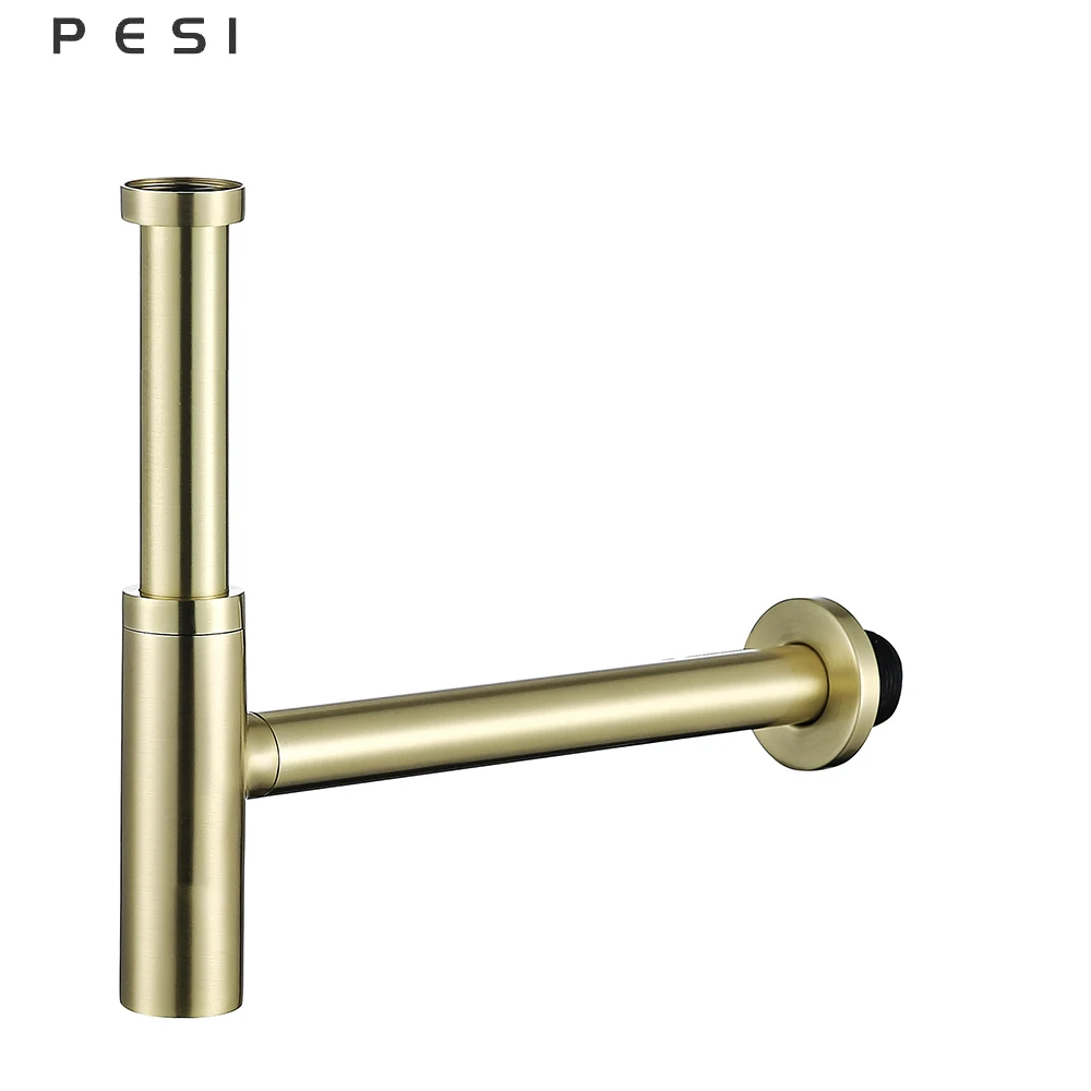 Brass Bottle Trap Bathroom Sink Vanity Basin Pipe Waste Drain Pipe Siphon Drainer Brushed Gold P-Trap.