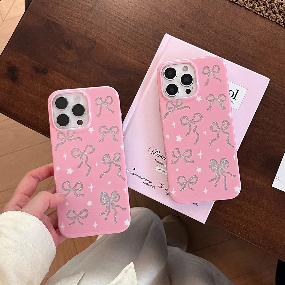 Casing HP Pink Pelindung Anti Benturan dengan Hiasan Pita Berongga dan Glitter untuk iPhone 13 15 14 16 17 Pro Max, Cover Cantik Berkilau