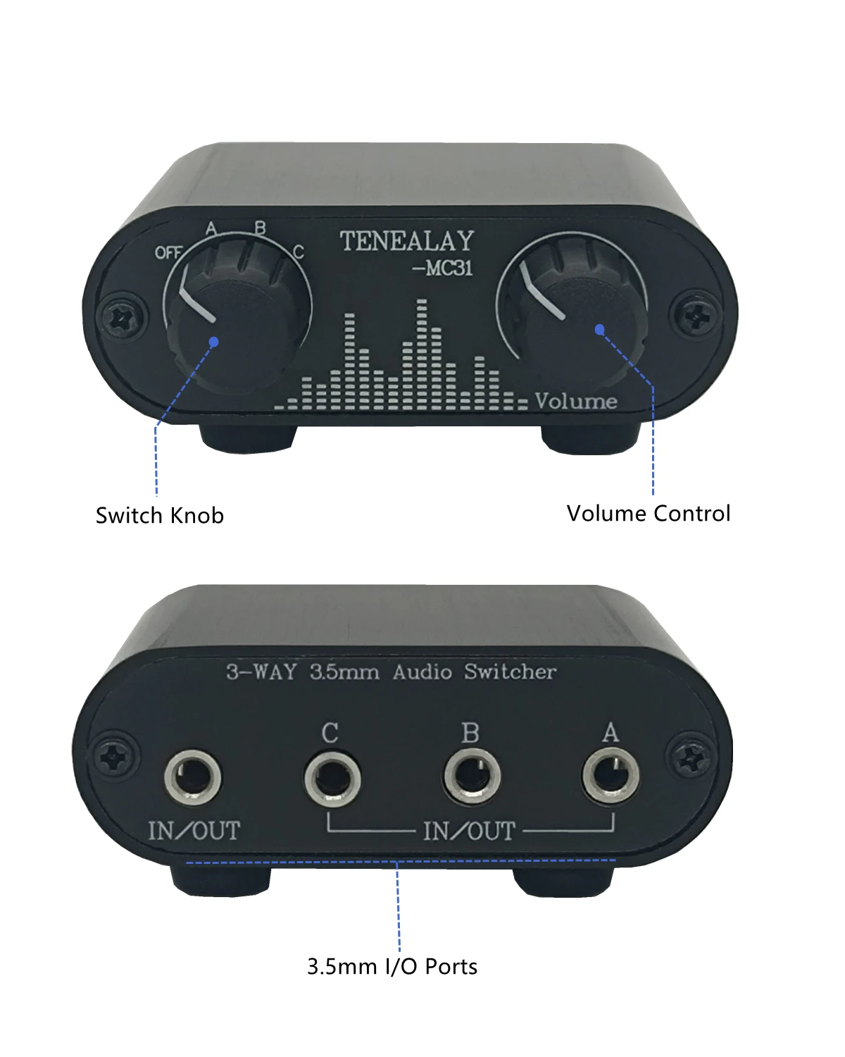 3.5mm Audio Switch with line Volume Controller,3 in 1 Out 1/8