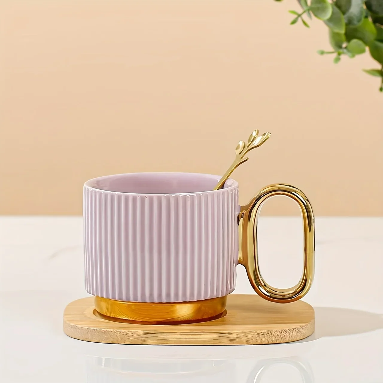 1set 220ml Simple Household Ceramic Cup with Spoon Plate Set Gold Handle Luxury Office High Temperature Resistance Mug Gifts