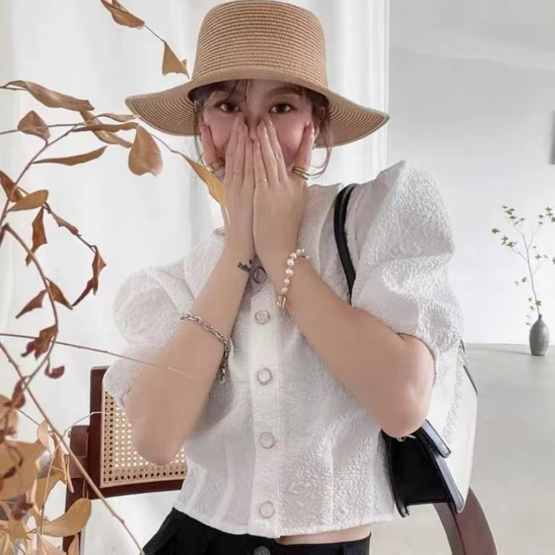 

Рубашки с пышными рукавами, женские элегантные Ins Hotsweet, модные летние повседневные винтажные уличные укороченные топы, офисные женские шикарные минималистичные топы