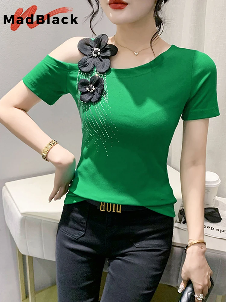 MadBlack Summer T-Shirt European Clothes Sexy Off Shoulder Beaded Flower Glitter Hot Drill Women Slim Tops Short Sleeve T34611C