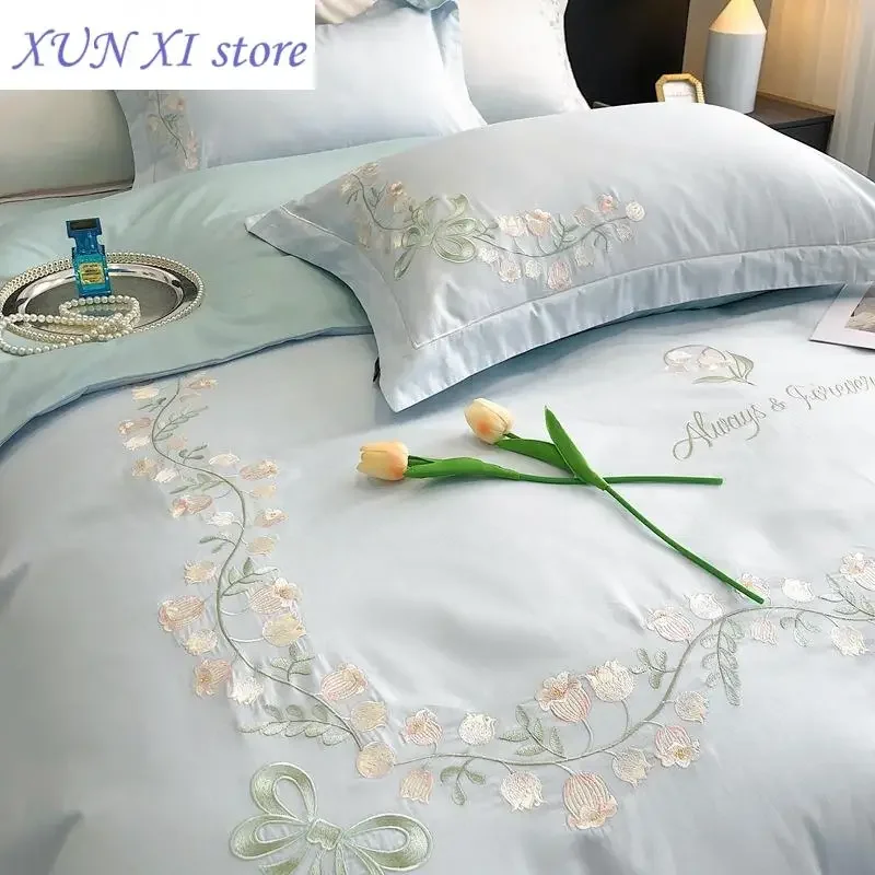 

2024 New High-End Simple and Light Luxury Skin-Friendly Cotton Four-Piece Set Simple Embroidery Bedding Lily