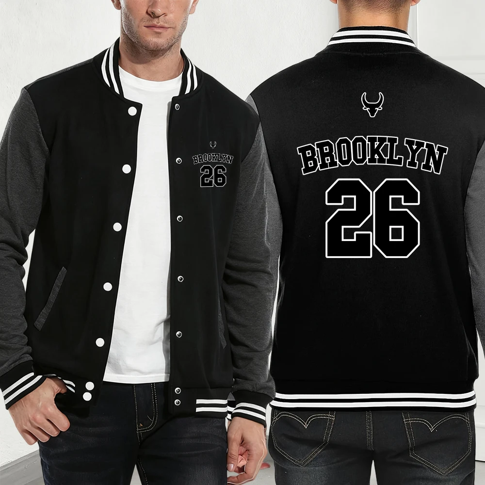

Brooklyn 26 Letter Printing Baseball Jersey Mens Autumn Fleece Warm Coats Basics Pocket Loose Jackets Casual Sporty Male Clothes