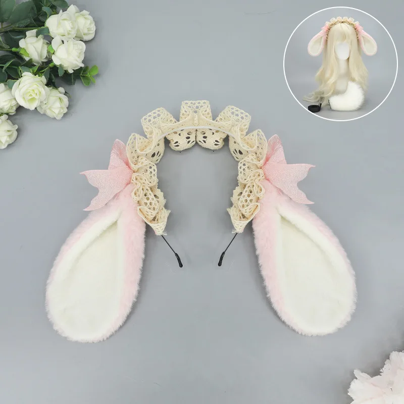 Lolita Alice กระต่ายหูคอสเพลย์สีขาวกระต่ายฮาโลวีนเครื่องแต่งกาย Props Kawaii สัตว์หู Headpiece แฟนซีชุด