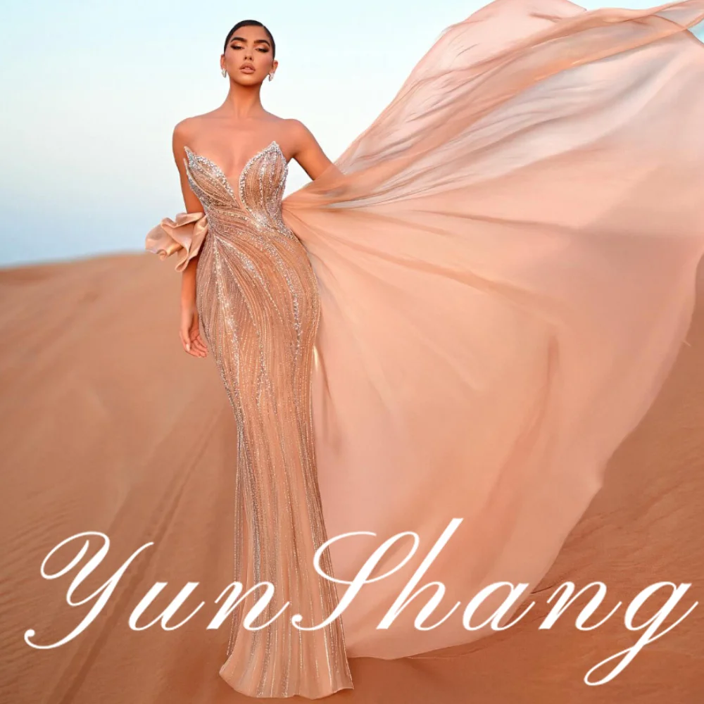 YunShang Customized Exquisite Champagne - colored Mermaid Gowns Embellished with Sparkling Sequins and Crystals, Featuring