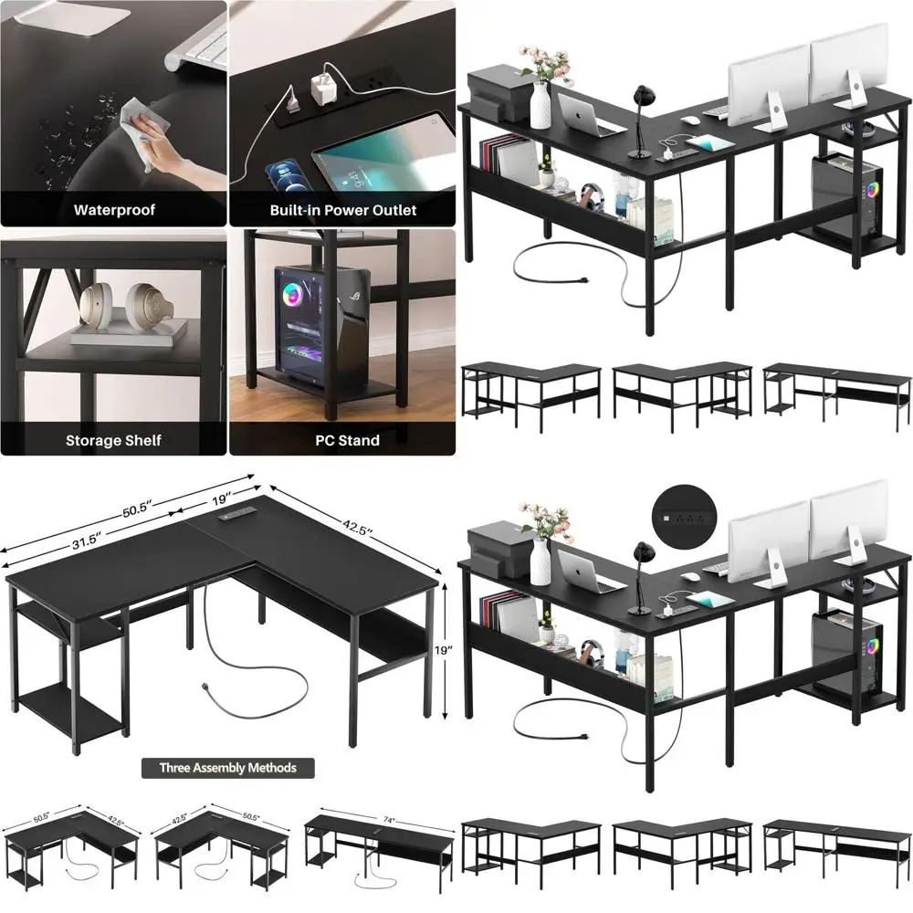 Reversible L Shaped Computer Desk with Magic Power Outlet, Sturdy Office Corner Desk, L Shape Gaming Table with Storage Shelf, B
