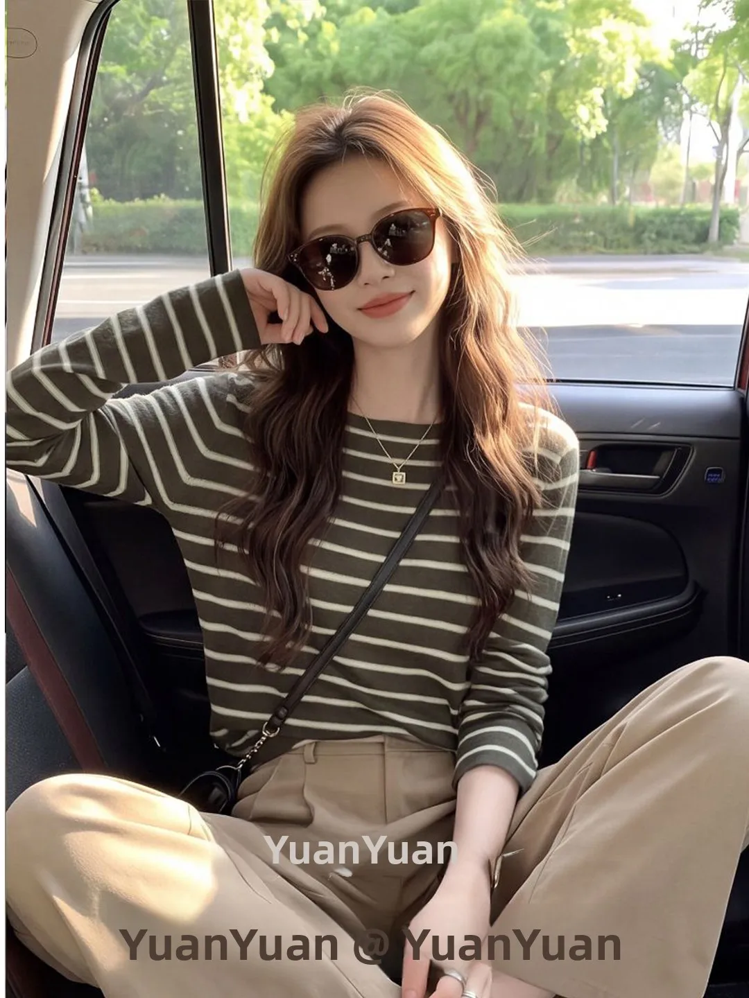 Green Striped Boat Neck Long Sleeve Knitted Sweater Women's Simple Versatile Overhead Design Trendy Top for Autumn