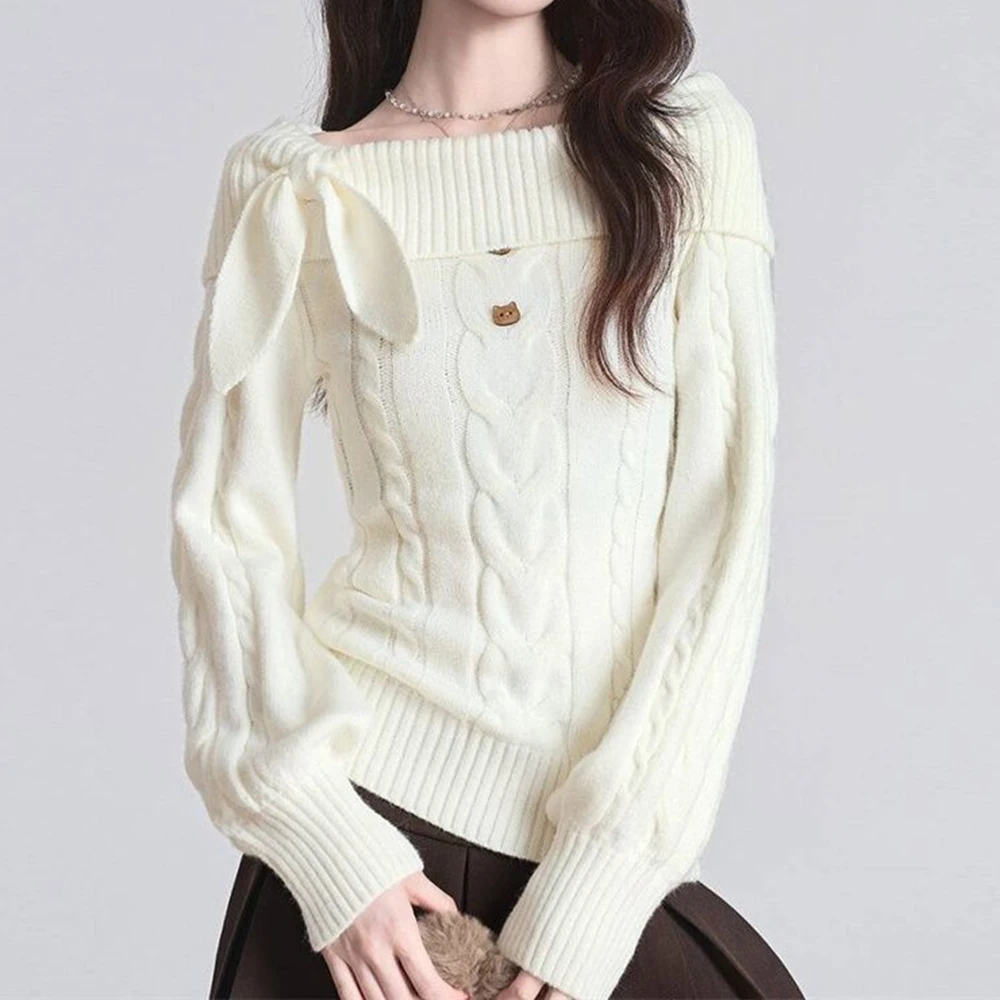 

French beige sweater women's winter new one-word collar waist inner bottom knitted sweater off-the-shoulder top