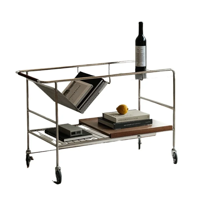 

Nordic retro mobile sofa side table, home living room storage coffee table, stainless steel trolley