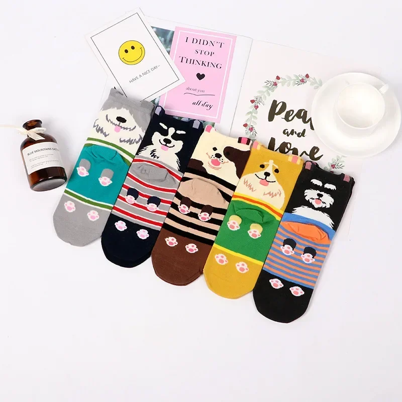 

5Pairs Womens Cartoon Socks Autumn Winter Colorful Kawaii Cat Face Ladies Girls Cotton Striped Fun Animal Sock Female Art Meias