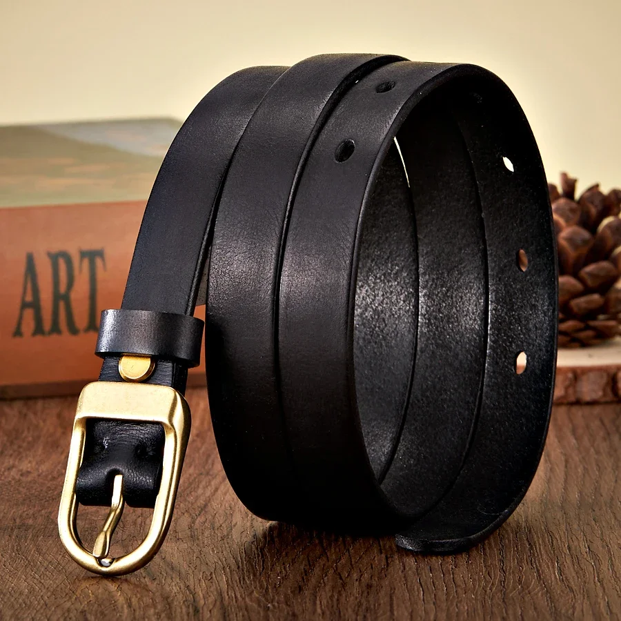 

New Thin Belt Real Genuine Leather Belts for Women Luxury Copper Buckle Cowskin Female Small Belt Simple Waist Belt for Jeans