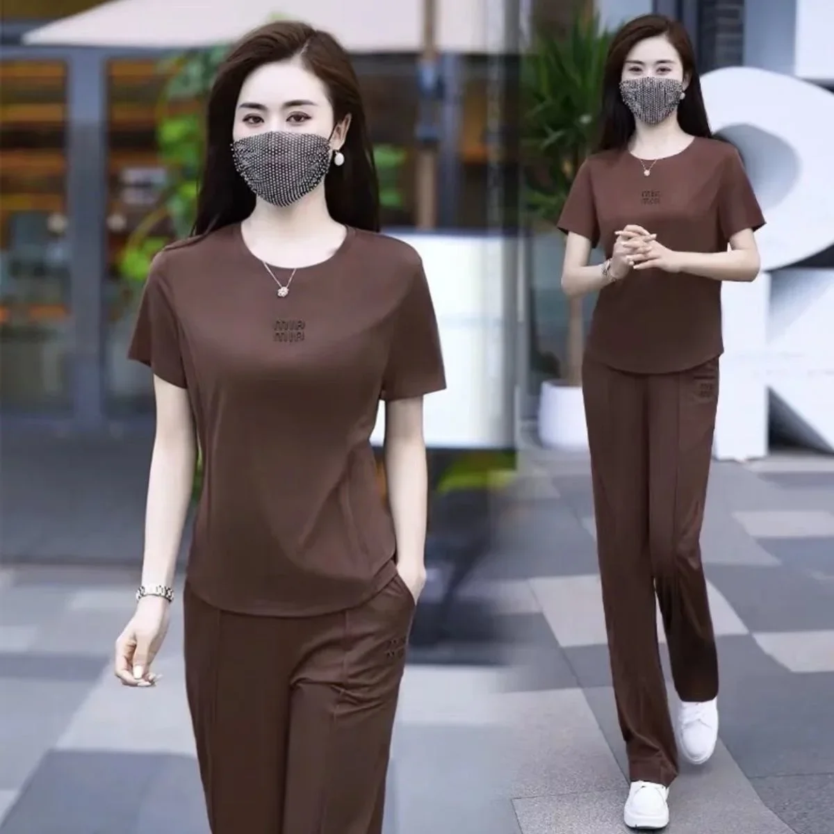 

Women's Fashion Thin Sportswear Suit 2025 Summer New Loose Casual Running Plus Size Clothing Ice Silk Tops Pants 2 Two Piece Set