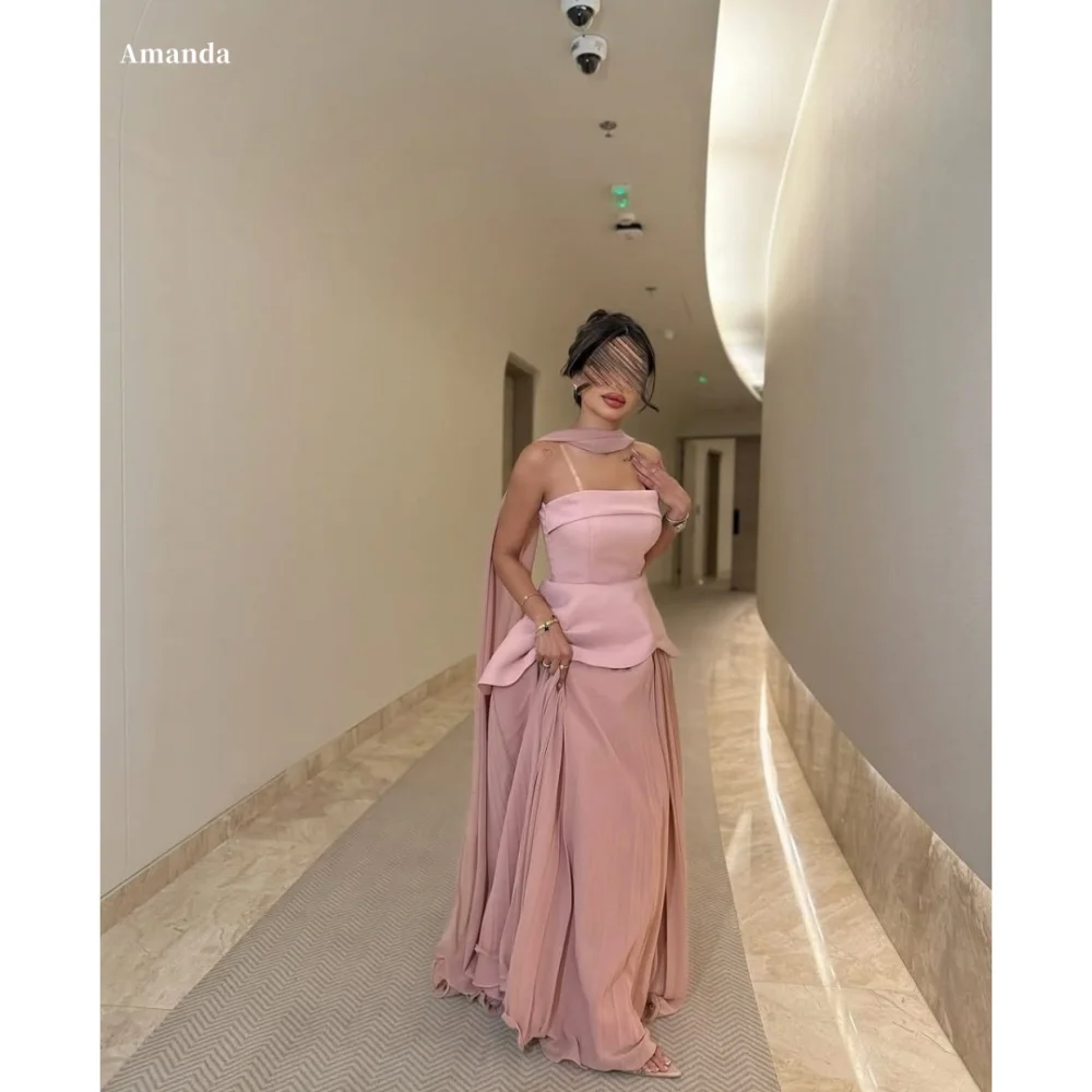 Amanda ที่กําหนดเองสีชมพู 2 ชิ้นชุดผ้าพันคอผ้าไหมยาวชุดราตรีสปาเก็ตตี้ vestidos de Noche ซาตินชุดราตรีอย่างเป็นทางการ 2025